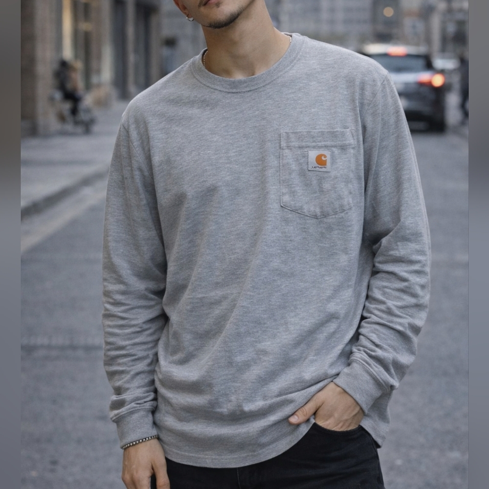 Carhartt Heather Gray Pocket Tee L Regular Fit Workwear Long Sleeve Shirt Mens